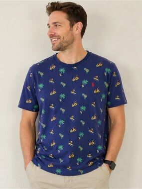Polo Ralph Lauren T Shirt Mens Large Blue Tropical Surfer Coastal Vacation AOP